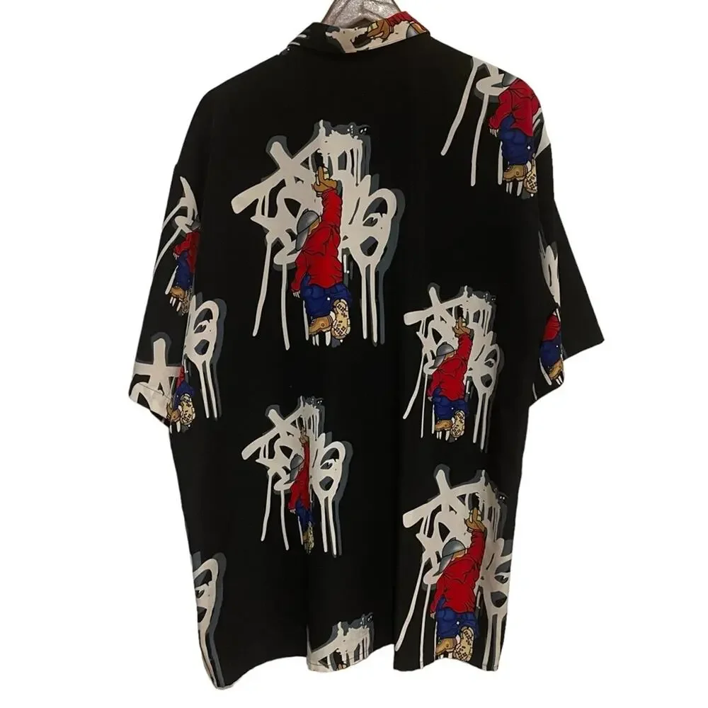 Up Ro's Button Down‎ Shirt Mens Large Black Graffiti Character Streetwear Top